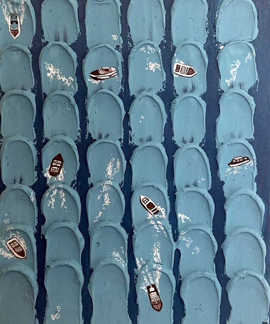 Boats, small boats on thick blue impasto waves seen from above