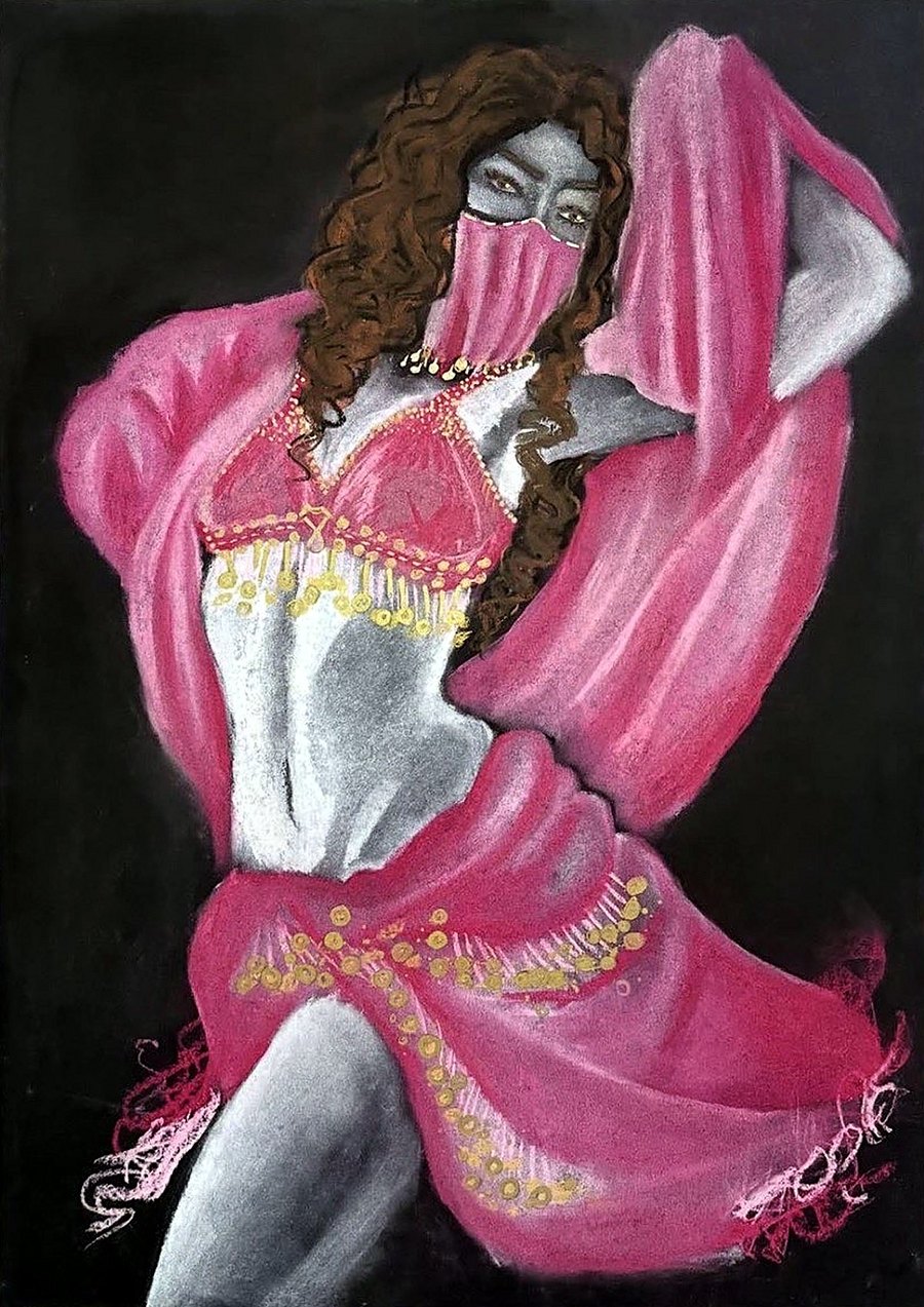 Dancer, a belly dancer in hot pink and gold, pastel on black paper