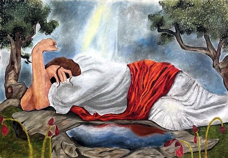 Gethsemane, Christ resting on a rock under a shaft of light, pastel on paper
