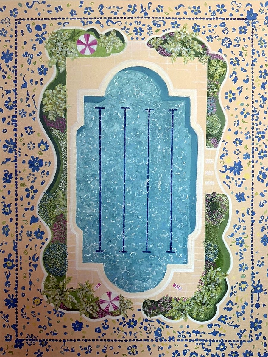 Pool, an aerial painting of a pool with a blue floral tile border