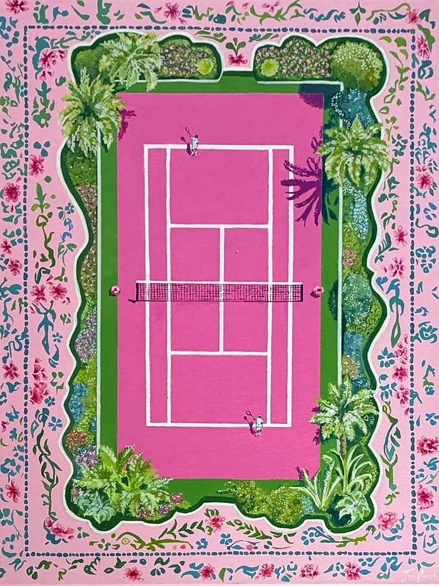 Tennis Court, an aerial painting of a pink tennis court with a floral tile border