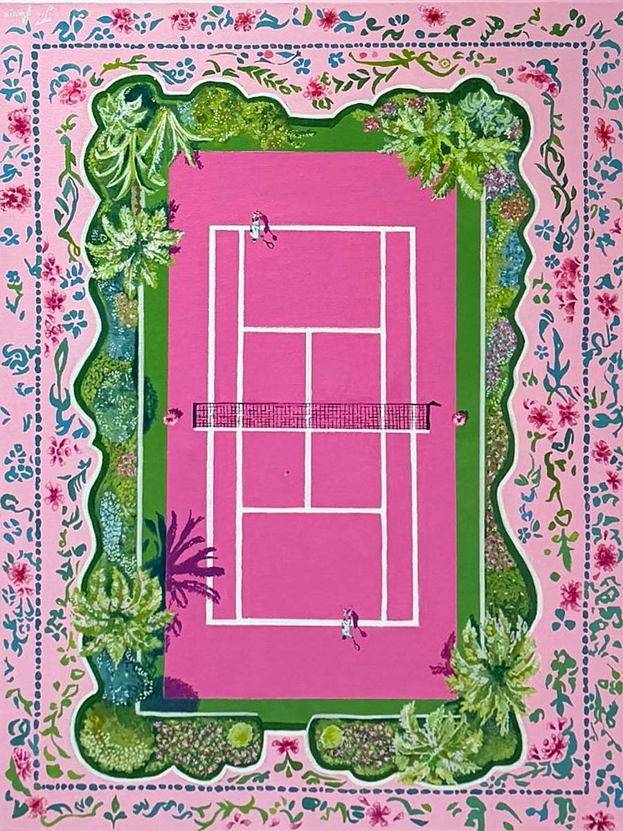 Tennis Court, an aerial painting of a pink tennis court with a floral tile border